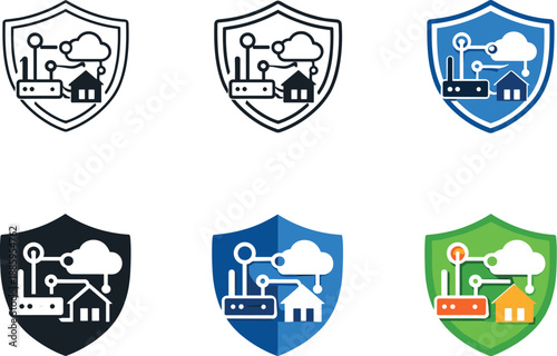 Secure IoT Icons Grid. Smart network security icon portraying connected technology devices encircled by a shield to indicate