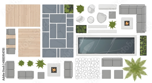 Flat Vector Top View Nordic Minimalist Landscape Set Featuring Birch Decking and Slate Pavers