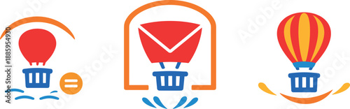 Two-Color vector icons of minimal balloon-cage cues: tiny balloon arc, short cage bar line, faint lift mark, small barred dot;