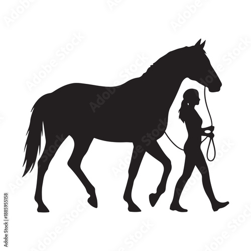 Silhouette of a woman leading a horse 
