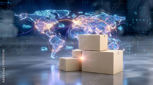 Boxes are stacked on a surface with a digital world map in the background. The map shows intricate connections between various locations, highlighting international shipping and logistics