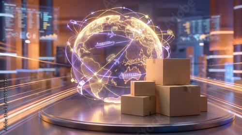 Cargo boxes sit on a table with a digital map of the world in the background. Lines representing logistics and trade connect various locations globally through a smart freight system