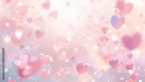 Hearts in various sizes and colors are scattered across a blurred background. This creates a festive feeling suitable for Valentine's Day cards and celebrations