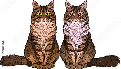 Detailed long haired tabby cat cartoon illustration showing realistic fur texture domestic pet animal design