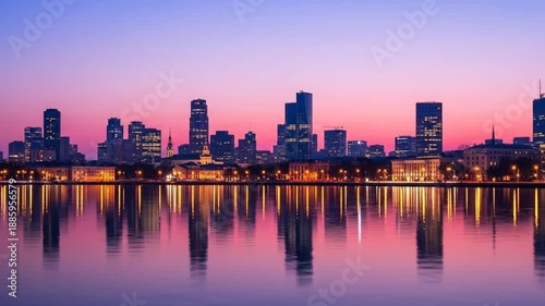 Cityscape reflecting in the water during twilight, creating a serene and picturesque scene.
