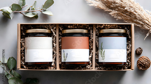 Top view of three soy candles in glass jars with botanical labels packed in eco gift box with paper filler on gray background. Concept of sustainable branding and handmade candle gift set