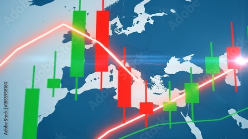 Global stock market analysis with candlestick charts overlaid on a world map.