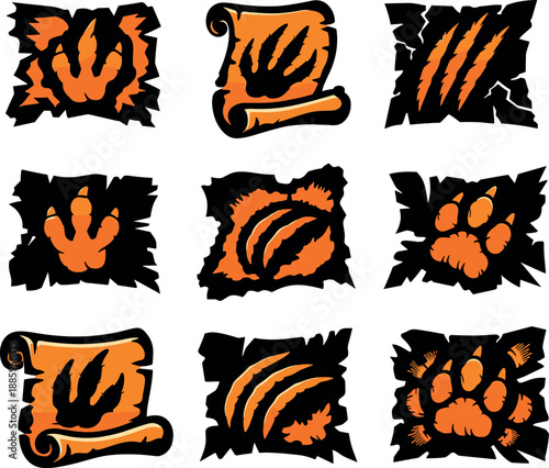 Two-Color vector icons of tattered scroll with dragon footprint: torn scroll with claw print, frayed parchment with scaled mark,