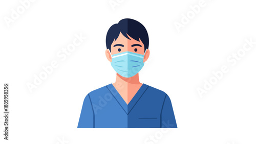 Illustration of a male healthcare professional wearing a protective surgical face mask, symbolizing health, safety, and essential services during a global pandemic