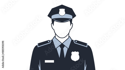 Professional flat design illustration of an anonymous police officer's uniform, representing law enforcement, security, and public service authority