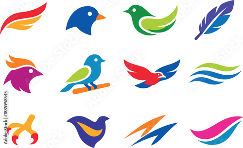 Two-Color vector icons of bird silhouettes: wing sweep, beak dot, tail arc, feather line, crest outline, perch mark, gliding