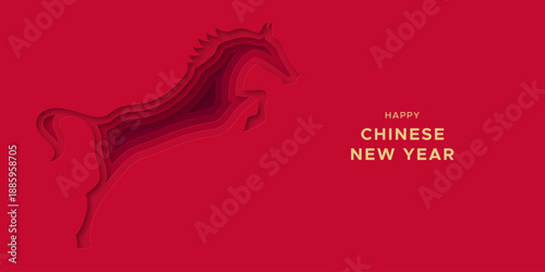Happy Chinese New Year of the horse 2026 paper cut illustration template in realistic 3d style. China culture festival event banner with papercut animal shape. Traditional cutout greeting card design.