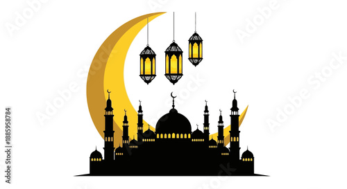 Eid al-fitr celebration with mosque silhouette