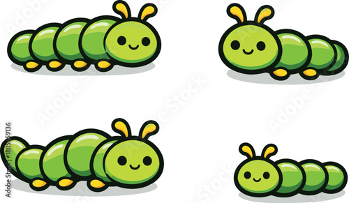 Two-Color vector icons of minimal caterpillar whimsy: tiny crawler arc, small boot dot, faint segment line, soft inch stroke;