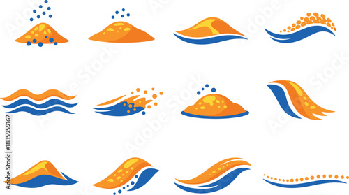 Two-Color vector icons of shifting sands: falling grains, sand mound, dune-like drift, tiny granule arc; sand ripple cluster,