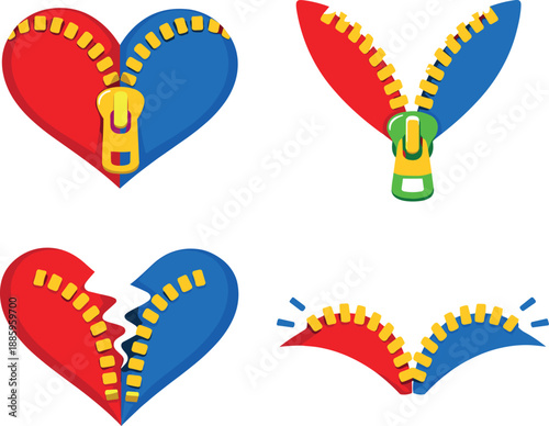 Two-Color vector icons of unzipped feelings: open-heart arc, parted zip row, released slider tab, separation track; undone tooth