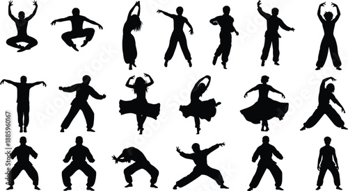 Black silhouettes of people performing martial arts karate moves and ethnic folk dance positions isolated on white background for creative design and sports projects
