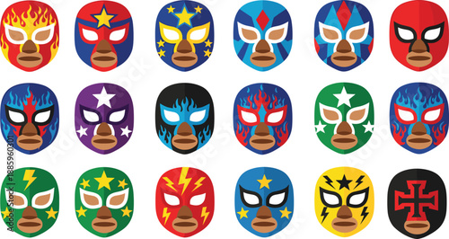 Colorful lucha libre wrestling mask icons collection with bold patterns and symbols, flat vector illustration set for sports branding, character design, stickers, festival graphics