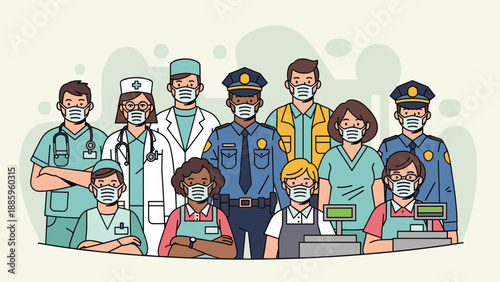 Group of diverse essential workers in masks, representing healthcare, law enforcement, and retail industry professionals, embodying community resilience and collective effort