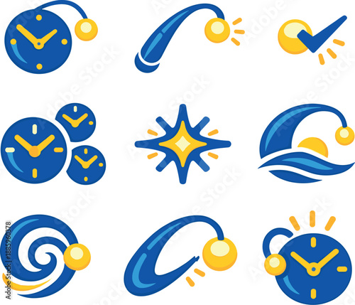 Dynamic Time Icons. Two-Color vector icons of time symbolism inspired by an anglerfish lure: dial bead, curved lure hint, ticking
