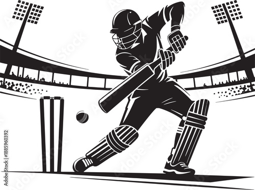 Cricket Player Batting In Stadium Vector Illustration