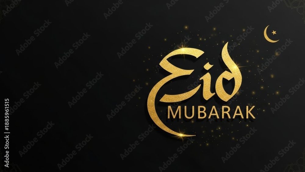 Fototapeta premium Golden Eid Mubarak Arabic Calligraphy with Moon and Stars on Black Background