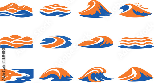Two-Color vector icons of sandy seascapes: dune waves, sand ripples, desert swell, wind-shaped crest; layered dunes, curved sand