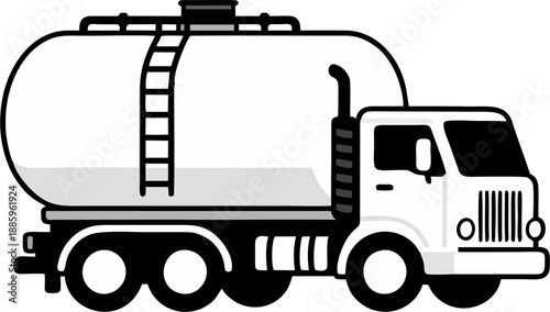 Black outline white fill tanker truck side view with ladder flat line art simple vector illustration isolated