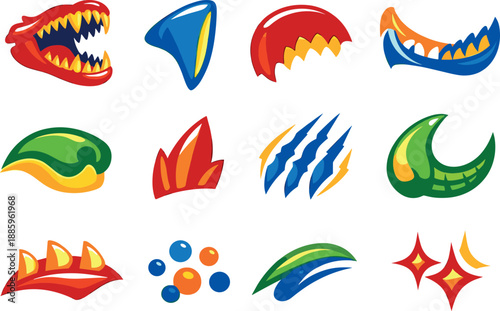 Two-Color vector icons of toothy wildlife: open jaw, single tooth, bite mark, curved jawline, snout arc, pointed scale, claw mark