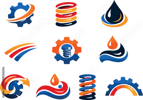 Two-Color vector icons of mechanical symbolism inspired by gear, spring, and oil: cogmark, coiled form, droplet motif, curved