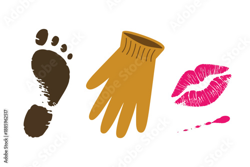 Brown Footprint, Yellow Glove, Pink Lips, Smudge Marks on White Background Illustration