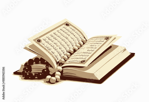 Intricately Designed Open Book with Beaded Prayer Rosary Highlighting Irreversibility of Time in Reflections of Spiritual Literature