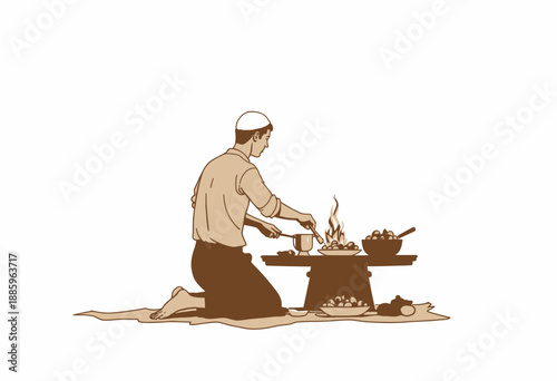 Man preparing traditional meal over an open flame, utilizing a variety of fresh ingredients and cooking tools, showcasing the art of cultural culinary practices.