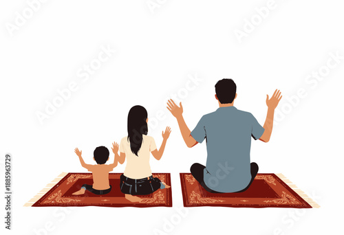 Illustration of a Family Praying Together on Prayer Mats with Raised Hands Demonstrating Unity and Spiritual Connection in a Peaceful Setting