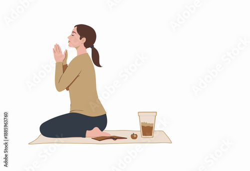 Illustration of a woman practicing yoga in a serene indoor setting with a cup and book, concentrating deeply and demonstrating mindfulness and relaxation