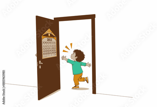 Curious Child Looking at a Wall Calendar Hanging on an Open Wooden Door with Excitement and Interest in Learning About Dates and Events in 2013