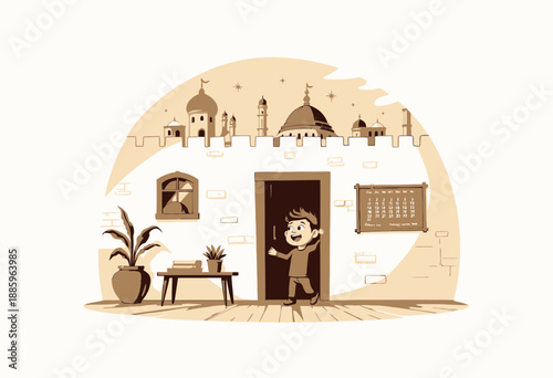 Illustration of a joyful child opening a door to reveal a whimsical view of a cityscape with domes and towers, blending fantasy with a sense of adventure