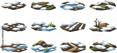 Thawed Field Icons. Thawed patches and melting snow in fields illustrated as a cohesive low-poly vector icon set built from