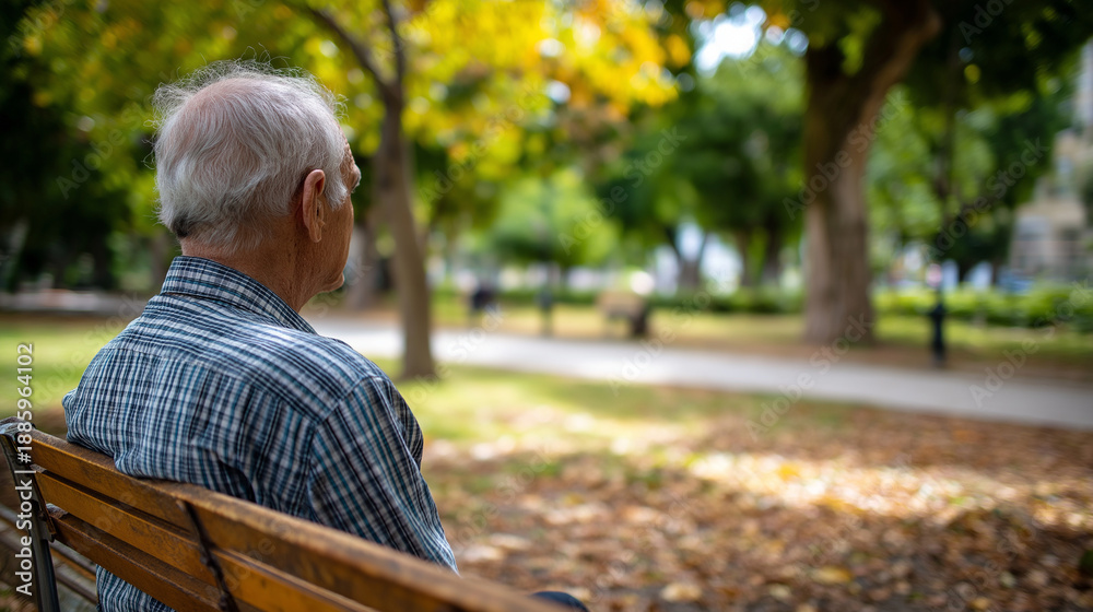 Fototapeta premium Sad old man sitting in park, faceless elderly person, loneliness representation, senior solitude, emotional melancholy, defocused outdoor setting, with copy space