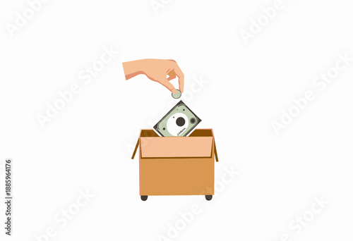 Illustration of a Hand Dropping a Coin into a Box with a Currency Symbol Evoking Themes of Saving and Financial Management.