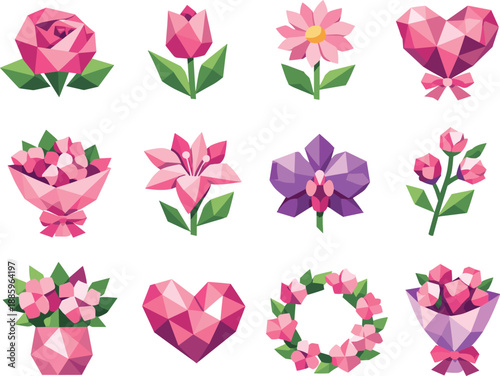 Feminine Floral Icon Set. Low-poly vector icon set for flowers for women and feminine bouquets, featuring angular polygonal