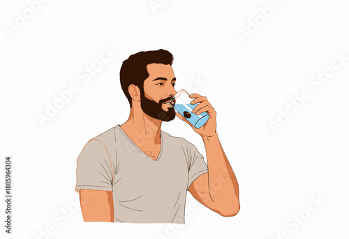Illustration of a Man with Beard Drinking Water from a Glass Depicting Refreshment and Hydration on a White Background