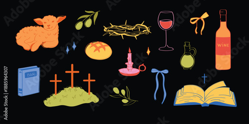 Christian Easter Icon Set with Religious Symbols, Food and Sacred Objects