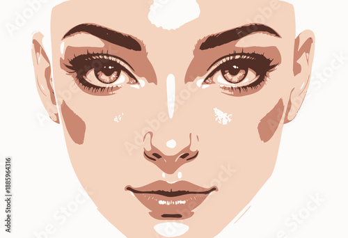 High-definition digital artwork showcasing a close-up of a person's face with striking blue eyes, flawless skin, and a captivating expression on a white background