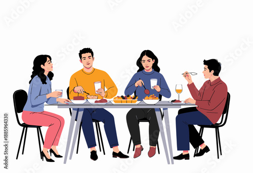 Four People Enjoying a Meal Together Around a Dining Table with Drinks and Various Dishes Creating a Warm and Social Atmosphere