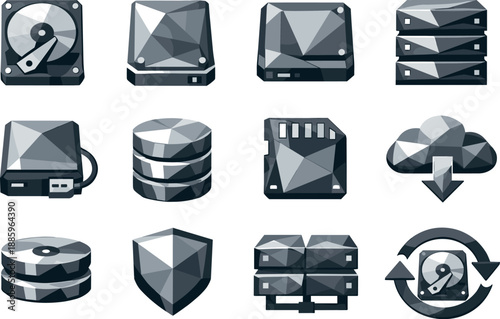 Low-Poly Storage Icons. Hard disk drives and data storage illustrated as a cohesive low-poly vector icon set built from angular