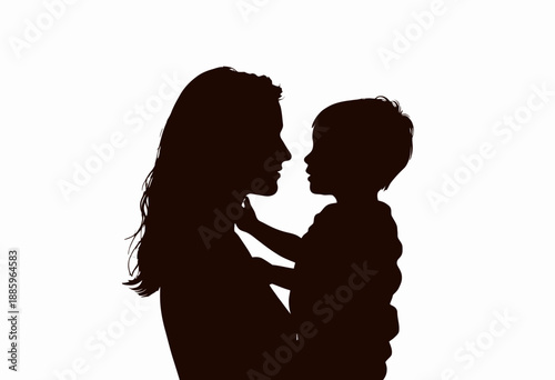 Silhouette of Parent Holding Child with Expressive Connection in Silhouetted Outline Against a Softly Lit Background Highlighting Unique Bond