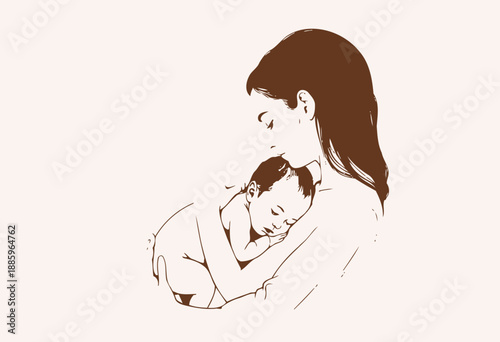 A tender moment capturing a mother gently cradling her newborn child, showcasing the warmth and bond of early motherhood in a serene setting
