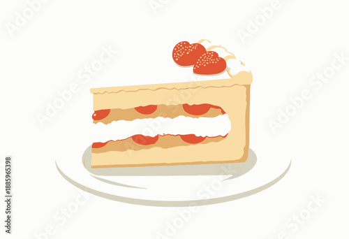 Delicious slice of strawberry cream cake with layers of vanilla sponge, whipped cream, and fresh strawberries, beautifully arranged on a white plate, perfect for dessert lovers