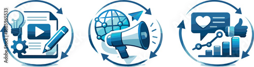 Content Strategy Icons. Strategic content framework depicted through creation, distribution, and engagement feedback loops, three